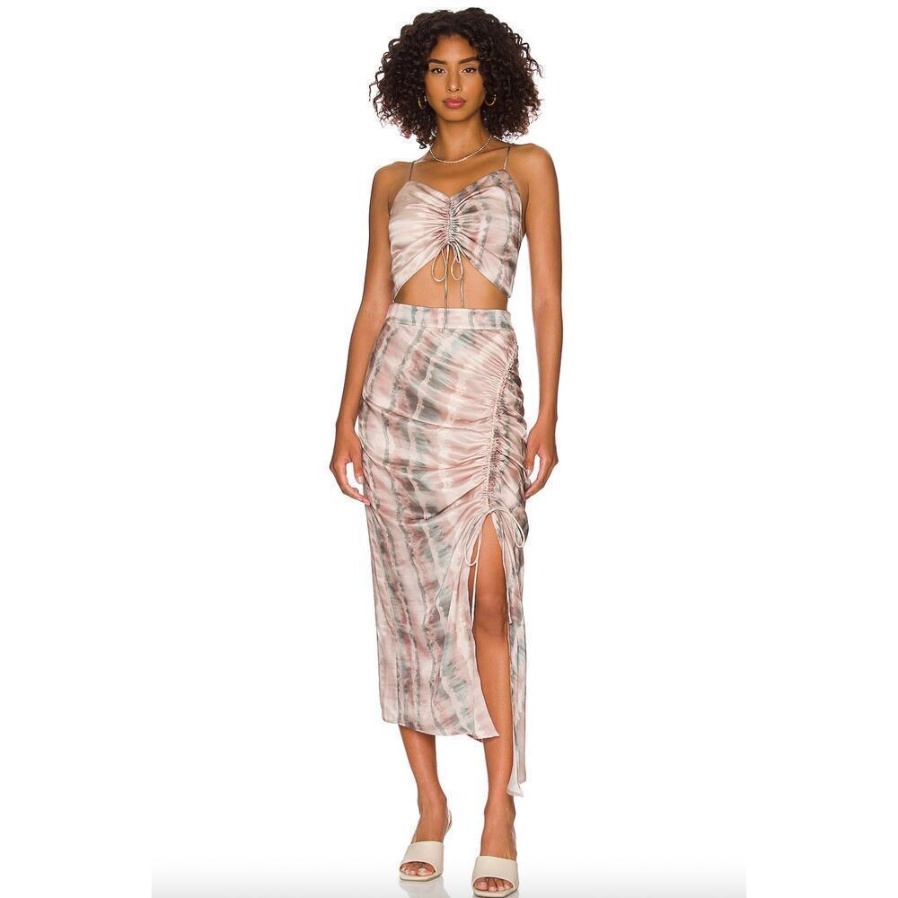 NEW $219 AllSaints Carla Ruched Satin Midi Skirt w/ Side Slit